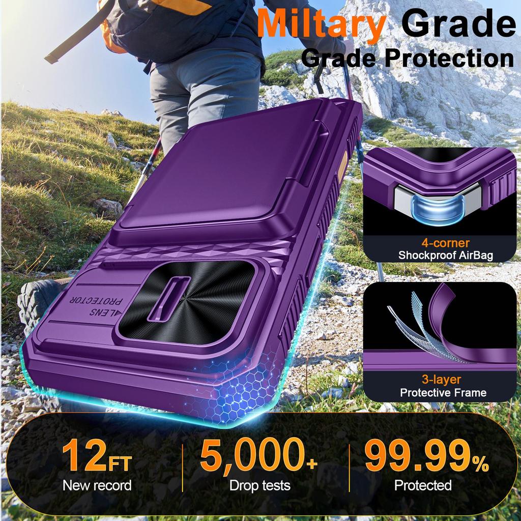 With Card Holder Sliding Camera Cover And Stand For iPhone 16 Pro Max Phone Case, Anti-Fall PC+TPU Wallet Case-Purple
