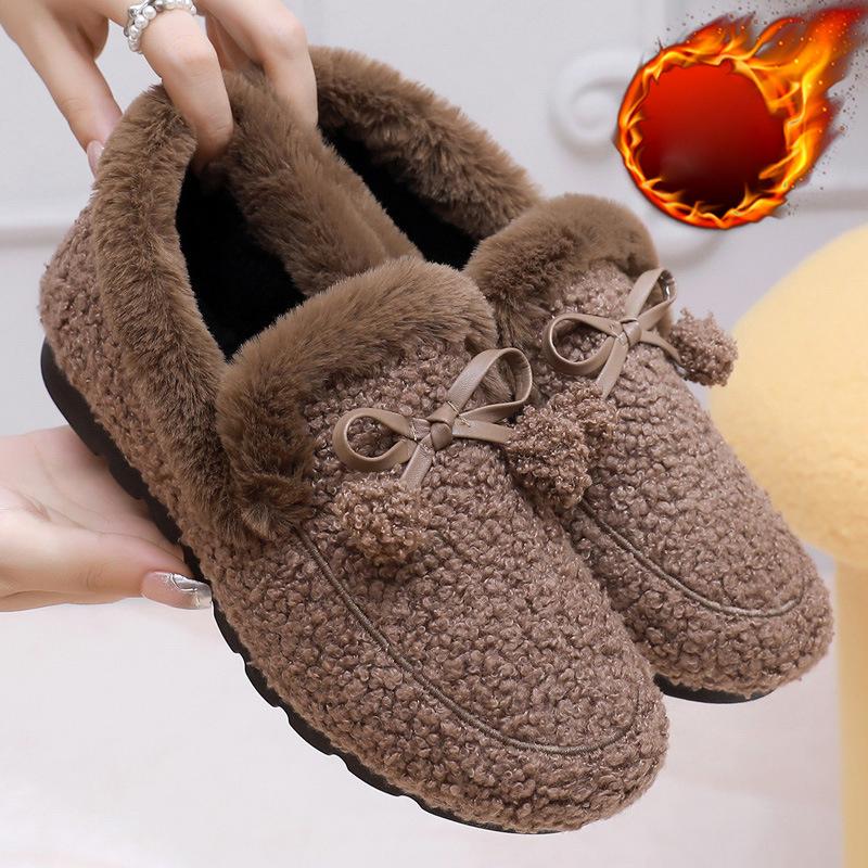 Women's Winter Faux Fur Loafers Warm Cozy Slipper with Polar Fleece Lining Non Slip House Shoes for Indoor Outdoor Flat Shoes With Bow-tie for Female