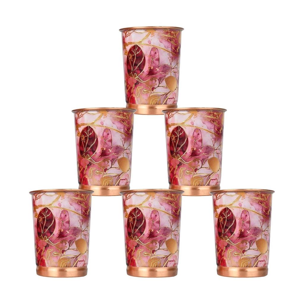 Copper Printed Design 250ML Water Glass with Rust Proof for Home and Office Use Ayurveda and Yoga Health Benefits Glass Set of 6 (Pink Gold)