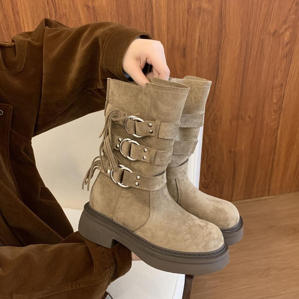 Thick-soled Medium Tube Martin Boots Women's Shoes 2025 New Black British Wind Locomotive Boots Short Boots Spring and Autumn Western Single Boots