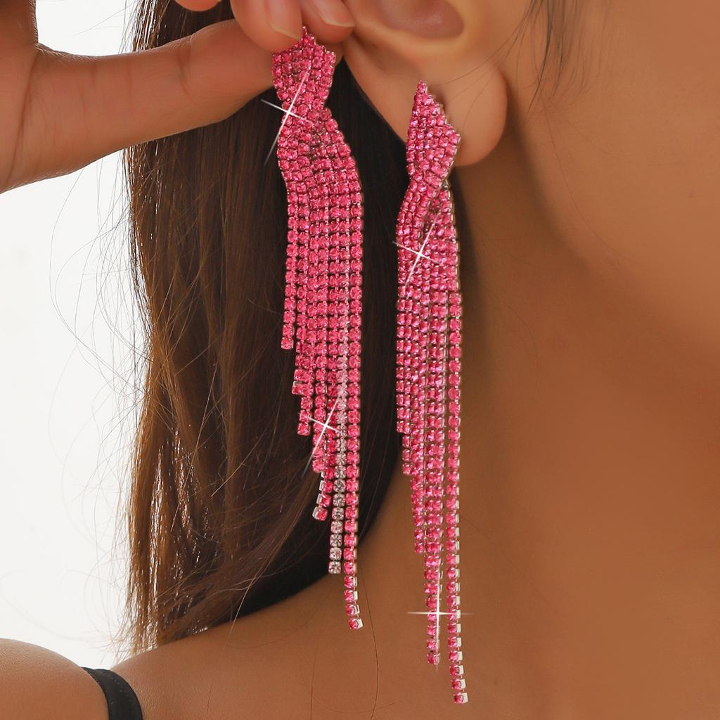 Temperament Luxury Super Flash Rhinestone Long Tassel Earrings Fashion Hundred Match Earrings Women's Earrings 1 Pair