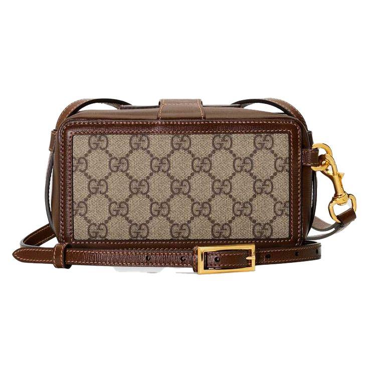 Gucci Vintage Gold Buckle Logo Canvas And Leather Small Box Bag Unisex Shoulder Bag Ebony Brown 614368-92TCG-8563