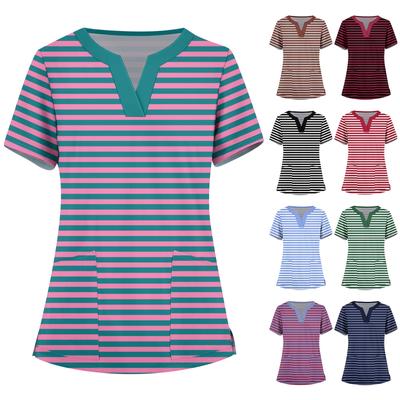 Женская мода, рабочая одежда с v-образным вырезом, короткими рукавами и карманами, топы с принтом, летние топы для женщин