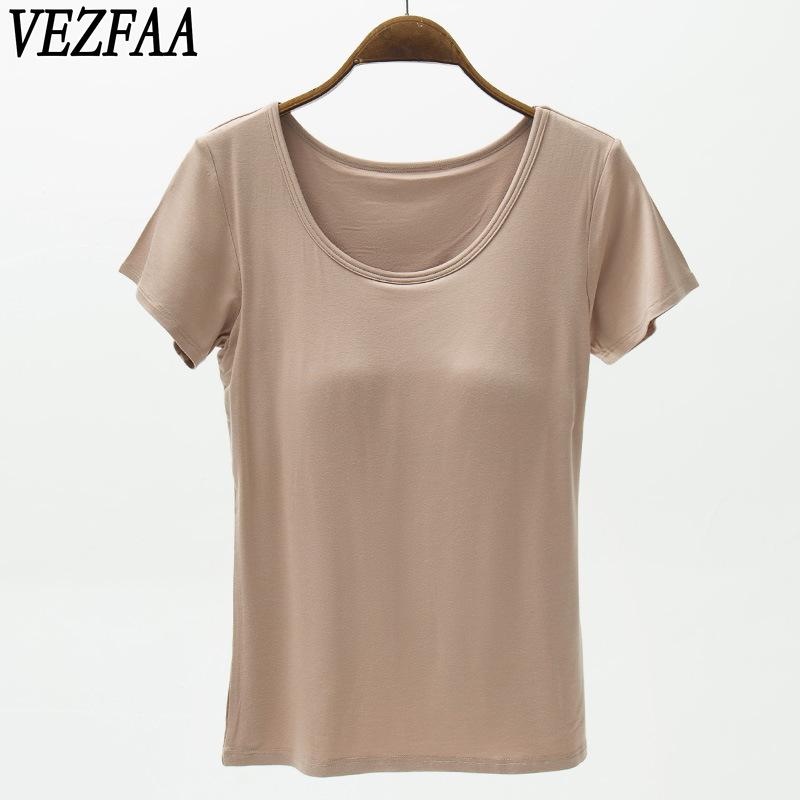 VEZFAA Женские модные повседневные летние весенние однотонные блузки и рубашки с короткими рукавами и круглым вырезом с принтом