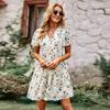 Floral Dress Women Spring Autumn V Neck Short Sleeve Loose Chic Printed S-XL