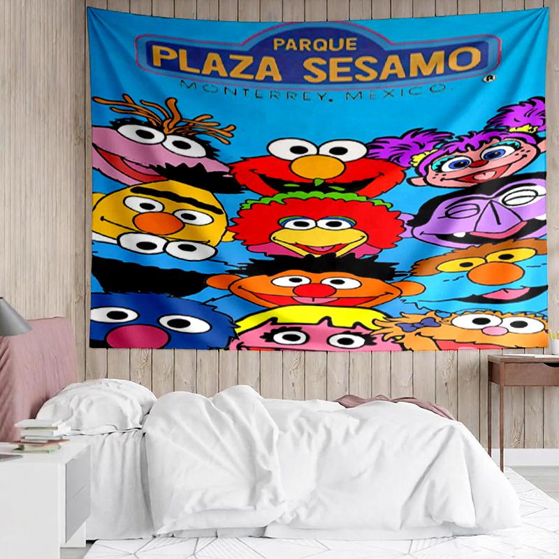 Sesame Street Print Tapestry, Backdrop, Easy Setup, Ideal for Bedroom, Office & Living Room, with Aesthetic Wall Hanging Decor.