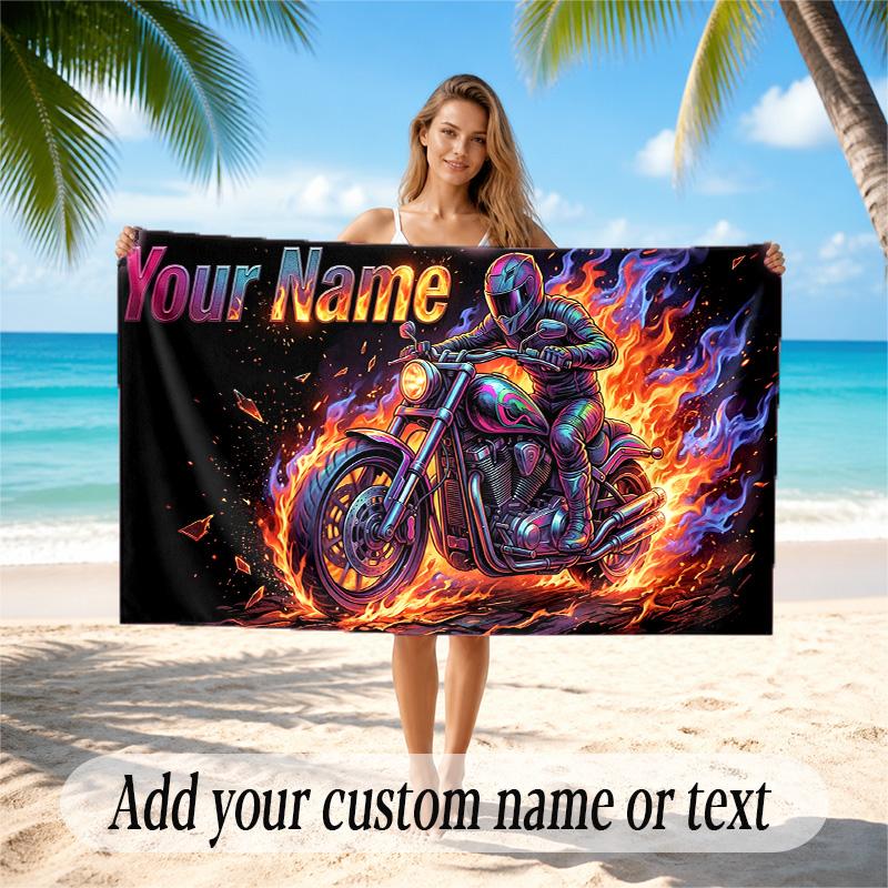 Motorcycle Biker Theme Quick Dry Beach Towel Custom Name Text Print Large Sand Resistant Towel Beach Vacation