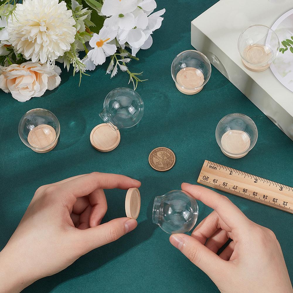 1set 6pcs Glass Dome Cover Decorative Display Case Cloche Bell Jar Terrarium with Wooden Base BurlyWood 40mm