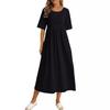 O Neck Loose Cotton Linen Pocket Long Dress Solid Color Women Half Sleeve Pleated Dresses