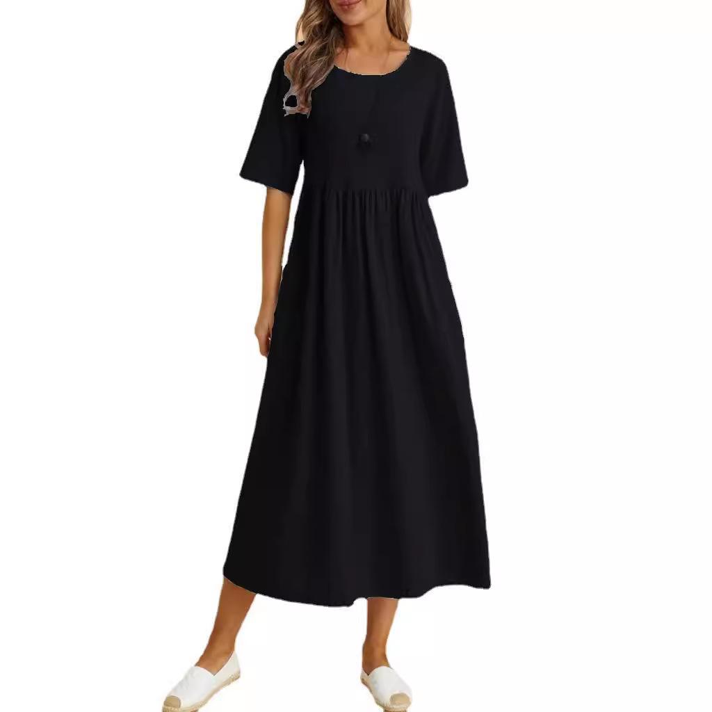 O Neck Loose Cotton Linen Pocket Long Dress Solid Color Women Half Sleeve Pleated Dresses