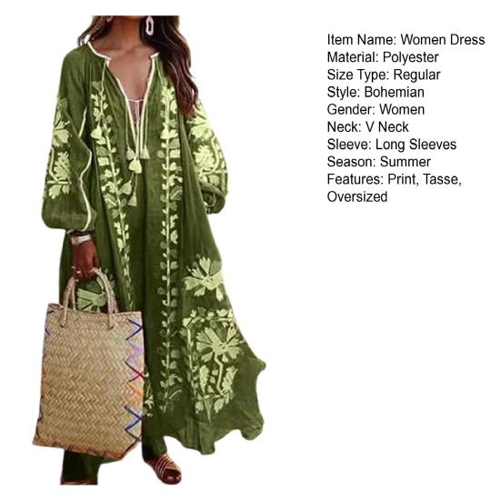 Summer Women Dress Deep V Neck Tassel Long Sleeve Retro Bohemian Style Oversized A-line Flowy Hem Floral Print Vacation Beach Maxi Dress