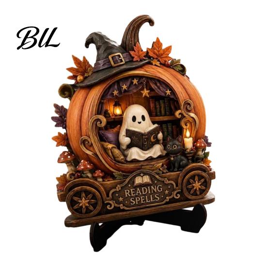Decorative Wood Display Stand Halloween Reading Ghost Figurine, Retro Wooden Statue, Vintage Desktop Niche Gothic Room Accessories Ornament