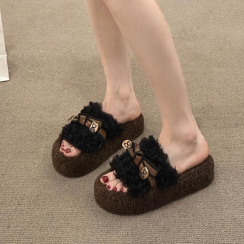Women Platform Fur Slippers Home Cotton Flats Mules Shoes Winter 2025 Casual Flip Flops Fashion Cozy Slingback Zapatillas Mujer