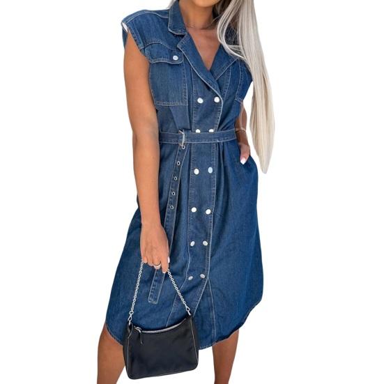 Женское джинсовое платье-рубашка без рукавов с пуговицами на лацканах, джинсовое платье, повседневное летнее платье А-силуэта с завязкой на талии для работы, офиса, вечеринки