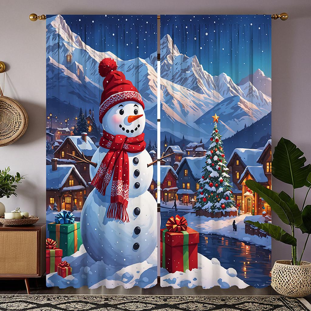 2 шт. HD Рождественская снежная горная сельская декоративная занавеска со снеговиком Синяя занавеска с цифровой печатью в стиле домашнего декора