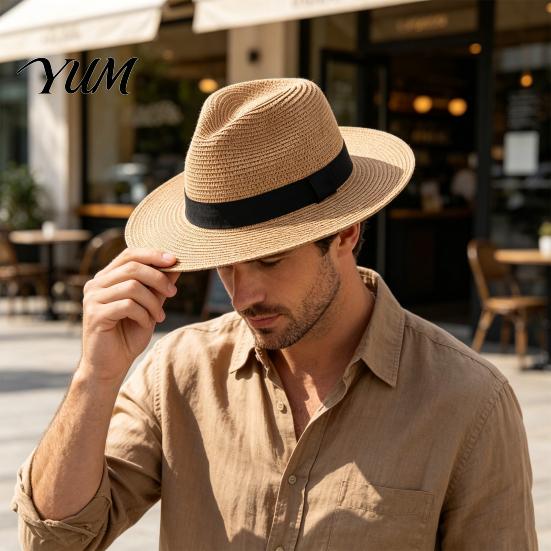 Vacation Sun Hat Men Paper Straw Hat, Breathable Wide Brim UV Protection Summer Beach Foldable for Outdoor Travel Daily Casual