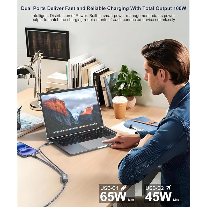 USB Type C Cable [1.3M/1 Set 2-in-1 PD 100W ]sweguard To Cable Fast Charging 2.0 Cable Forked Charging 2 Devices At the Same Time iPhone16/iPhone15