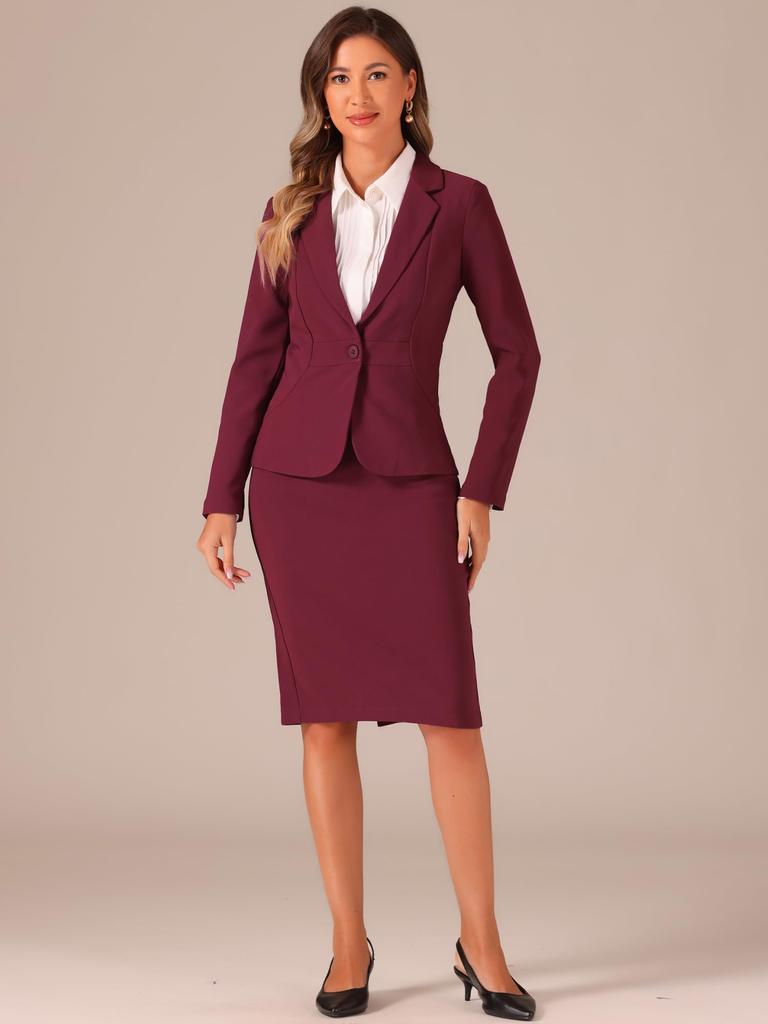 Женский деловой костюм Allegra K, Блейзер с длинным рукавом и юбка-карандаш, Комплект из 2 предметов, Однотонный, Повседневный, Для работы, Винно-красный, Размер XL
