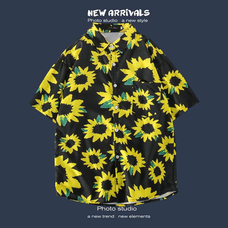 Retro Floral Shirt Blouse for Man Hawaiian Short-sleeved Floral Shirt Men's Loose Trend Couple All-match Five-point Sleeves