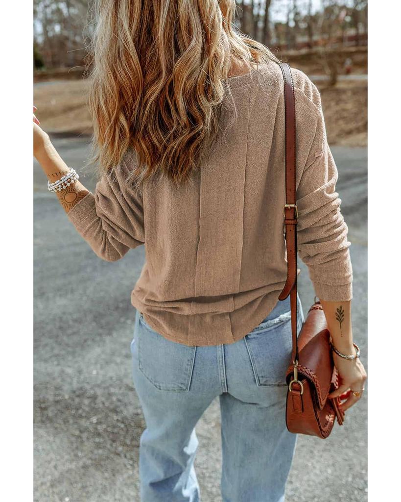 Azura Exchange Apricot Button Split Neck Retro Patchwork Long Sleeve Top