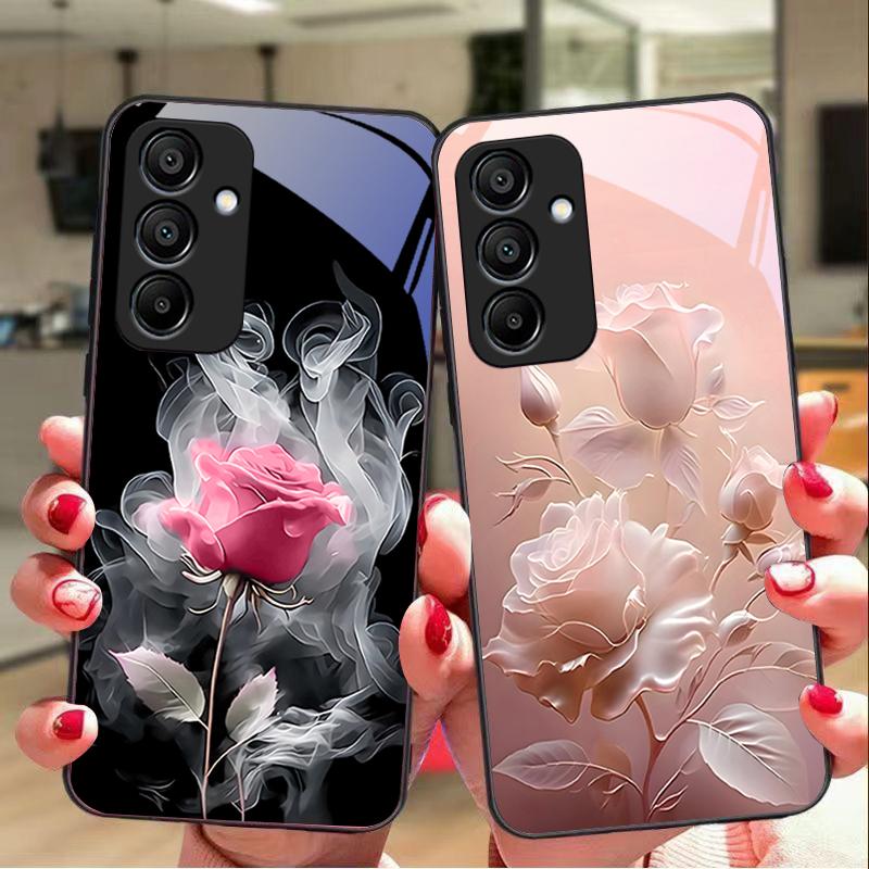 Белый Дым Красная Роза Для Samsung Galaxy A15 5G 54 4G 51 50 24 35 90 71 12 51 53 52S 80 22 34 Черный Чехол для Телефона из Закаленного Стекла