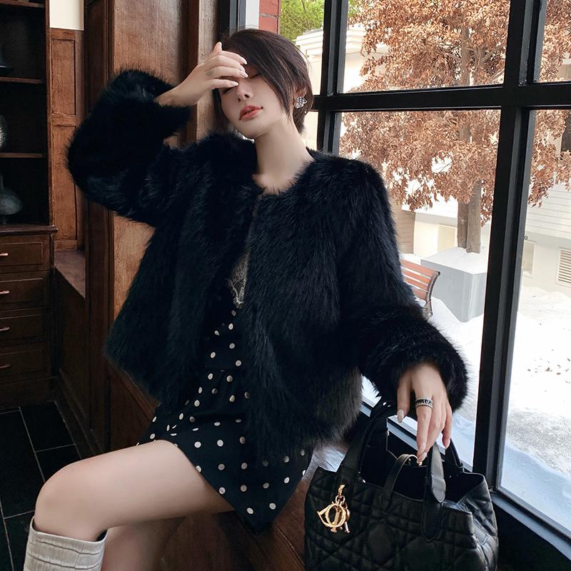 Осенне-зимние теплые пальто из лисьего меха с длинным рукавом, женские винтажные элегантные свободные куртки с круглым вырезом, женские однотонные повседневные женские куртки верхней одежды 25519