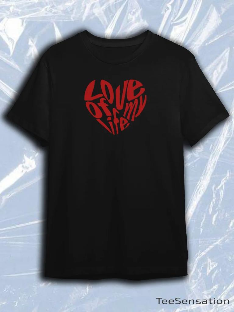 TeeSensation Black Crew Neck Short Sleeve T-Shirt with Red Love of My Life Heart Text