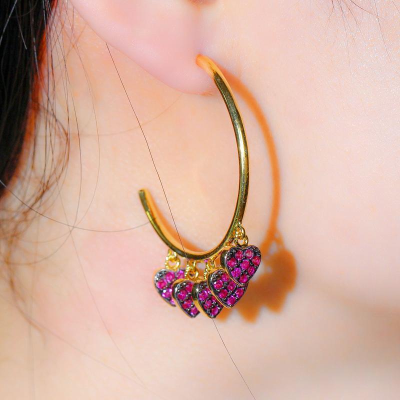 WWJ Серьги-кольца розового, красного, зеленого цвета с цирконием в форме сердца в форме сердца золотого цвета