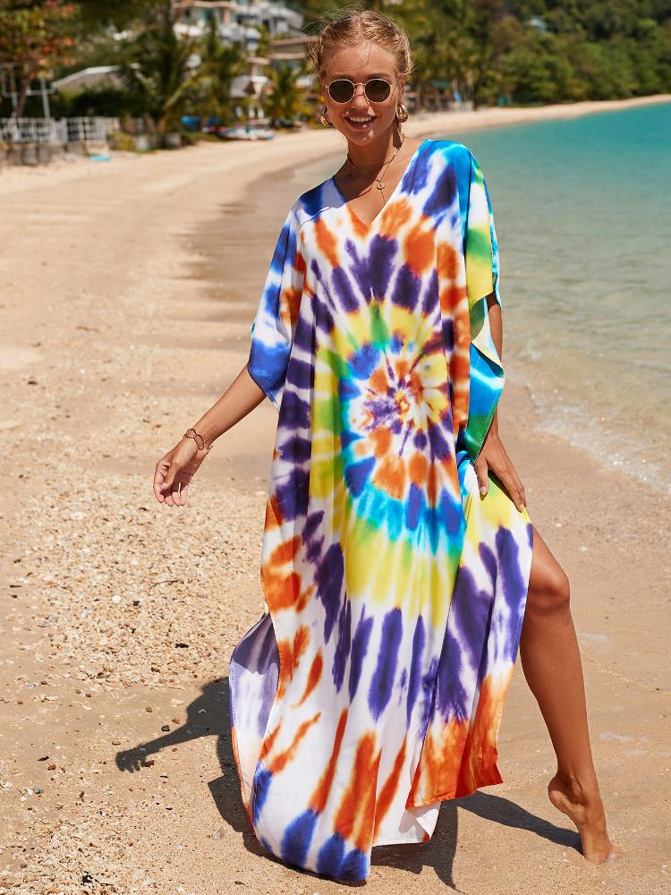 EDOLYNSA Multicolored Kaftan Bohemian Printed V-neck Batwing Sleeve Maxi Dress Women Beachwear Half Sleeve Maxi Dress Robe