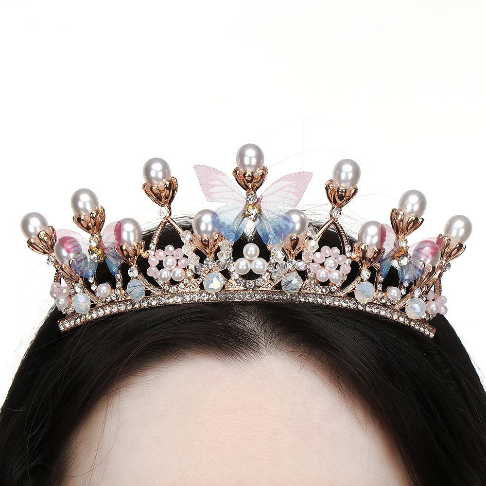 Свадебная тиара со стразами для подиума, корона принцессы на день рождения, тиары для девочек, повязка на голову с жемчугом и бабочками