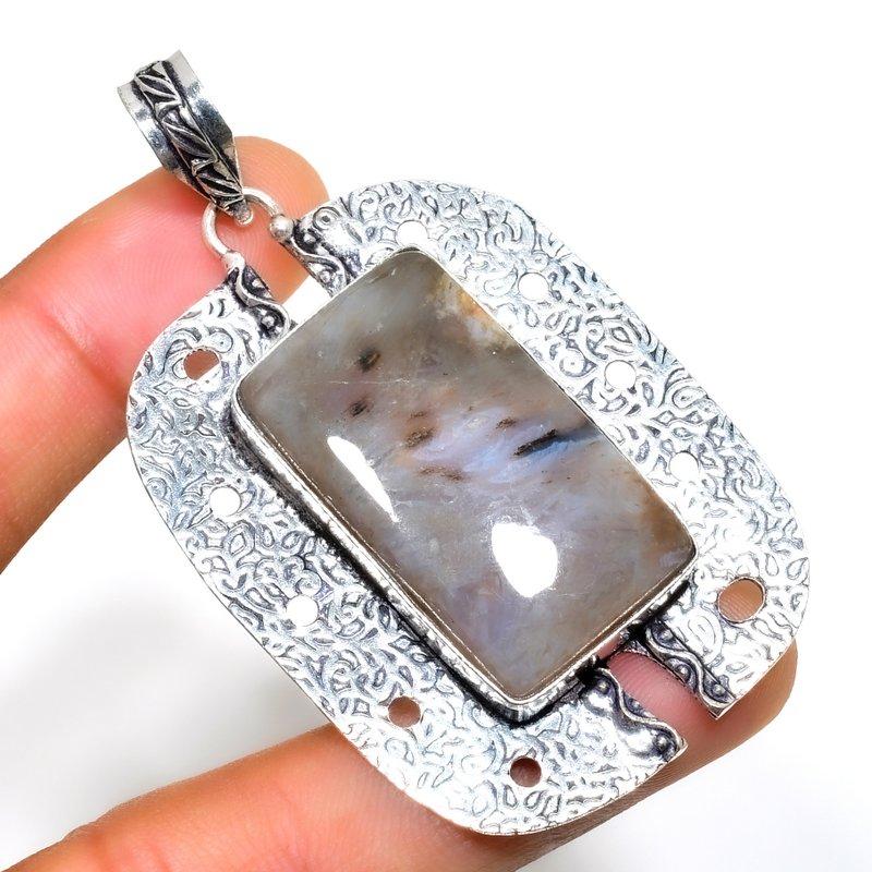 Tube Agate Gemstone 925 Silver Plated Handmade Jewelry Pendant 2.46"