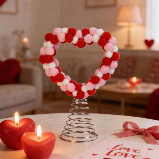 Valentine's Day Heart Tree Topper Red Pink White Pom Pom Ball Love Heart Treetop Ornament for Valentine's Day Christmas Wedding Birthday Party Home
