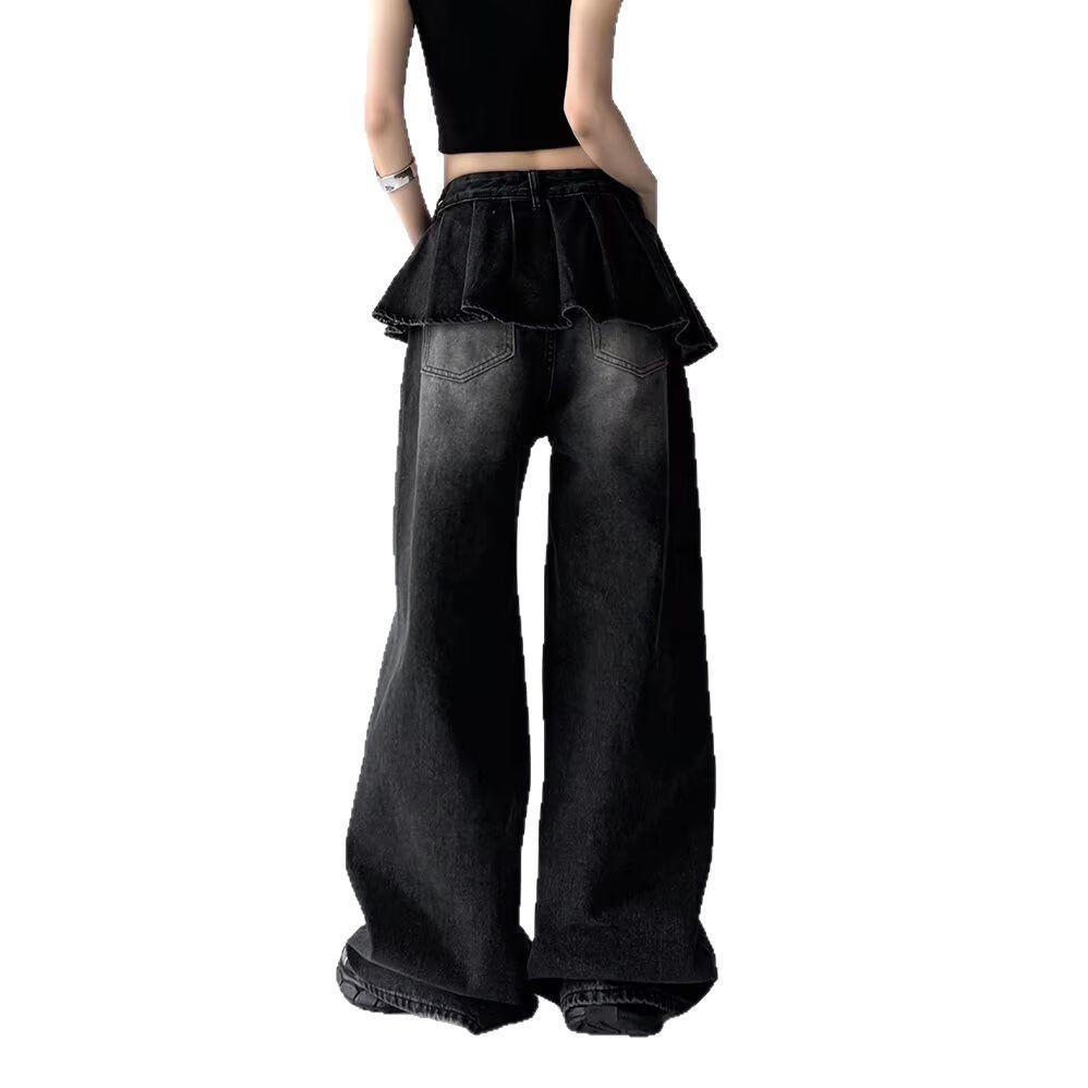 Черные и серые джинсы с имитацией юбки-двойки для женщин, новые летние брюки с драпировкой и широкими штанинами