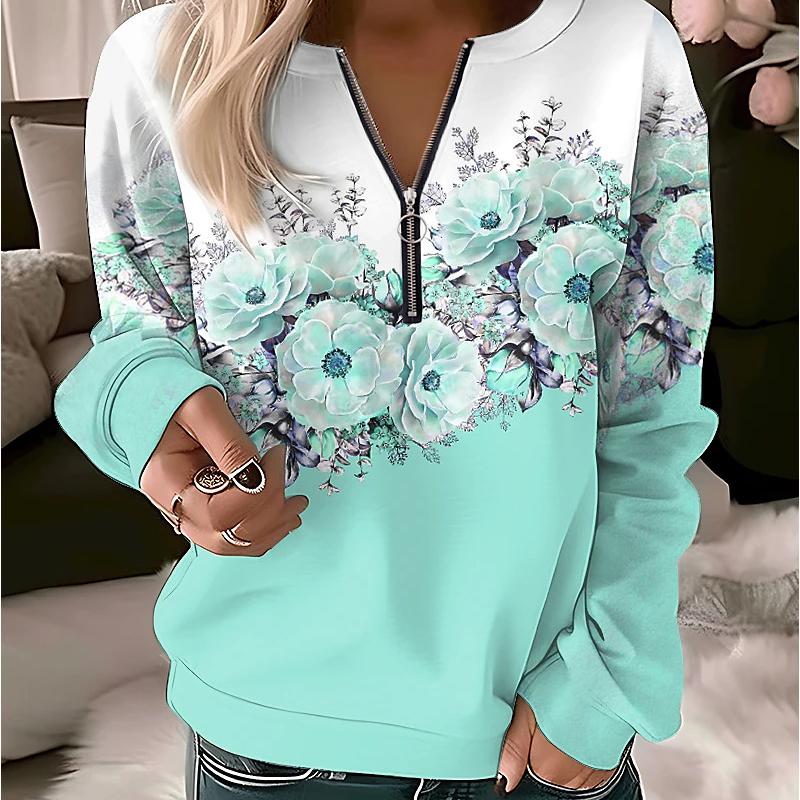 Women's Women Fashion Floral Flower Painting Sweatshirt Zip Up Hoodie Oversized Sudaderas Harajuku Coats Elegant