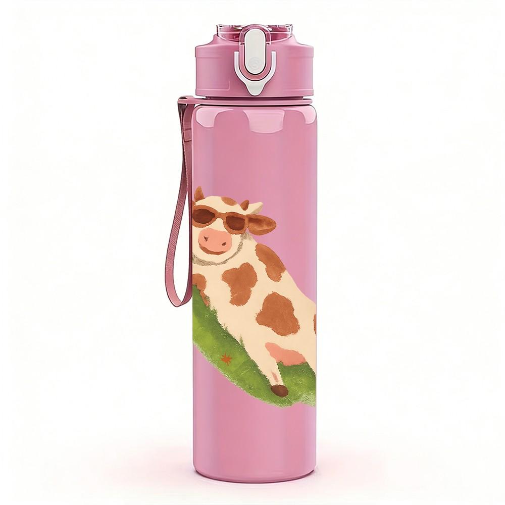 1PC Lying Spotted Cow Cartoon 750ml Color Plastic Sports Water Bottle Leakproof Flip Straw Lid Suitable for Sports Office Home Use
