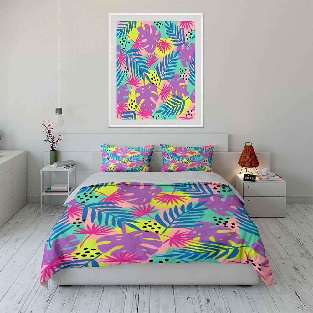 3Pcs Cheerful Summer Bedding Set, Neon Pastel Tropical Leaves and Polka Dots Print Duvet Cover, Playful Bedroom Decor