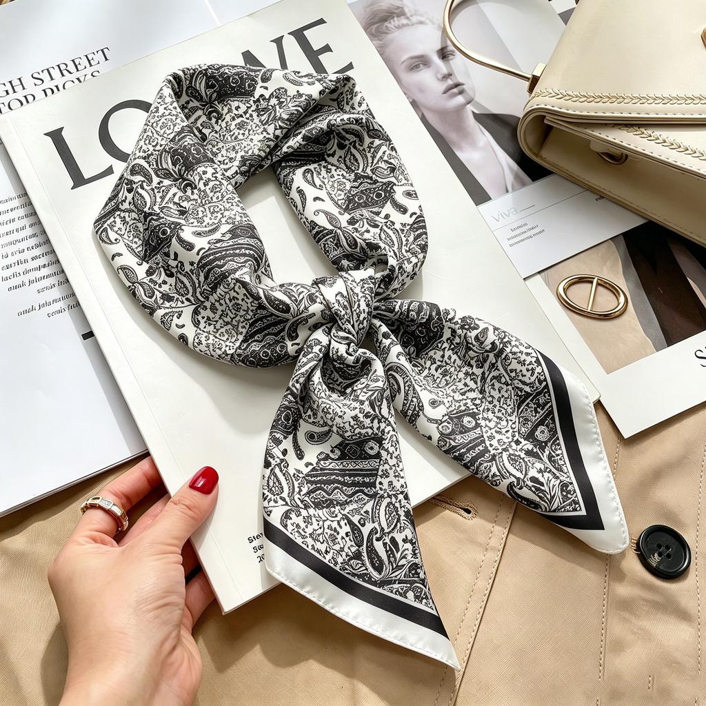 Autumn and winter Maillard cashew square scarf silk scarf women's shirt versatile neck small scarf tied hair decorative scarf