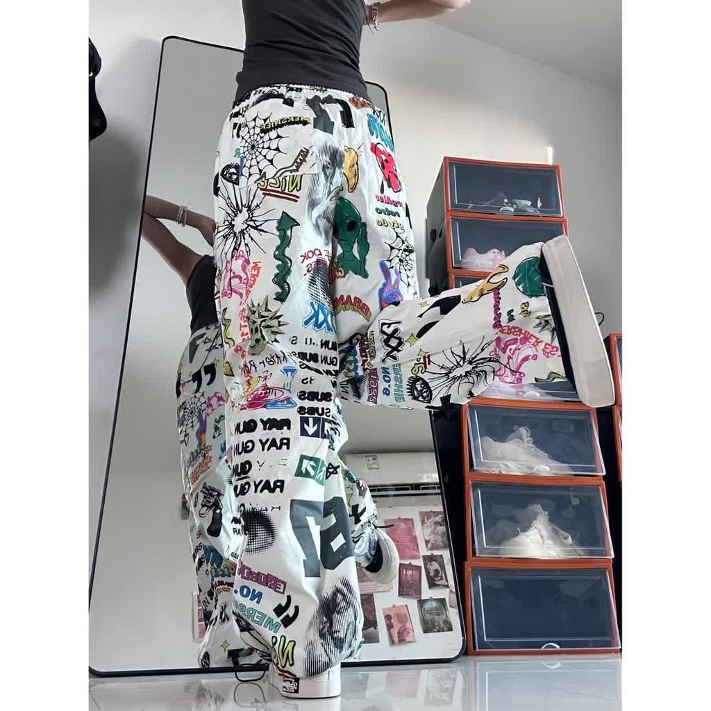 Graffiti Print Women Pants Chic Fashion Harajuku Drawstring Wide Leg Trousers Loose Pantalones Sweatpants Streetwear Korean Y2k