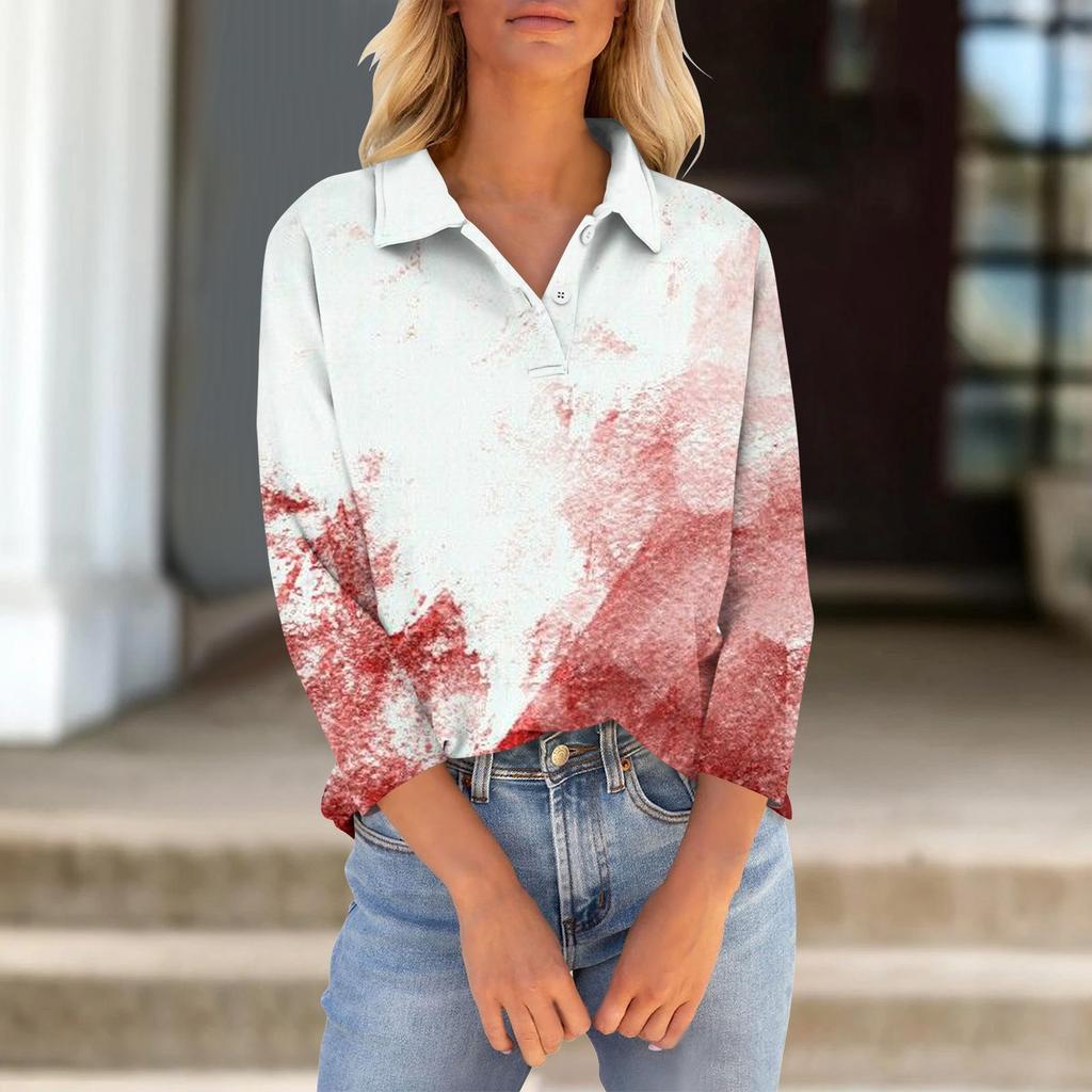 Women's Seven Quarter Sleeved T-shirt V-neck Button Up Shirt With Printed Loose Top For Halloween