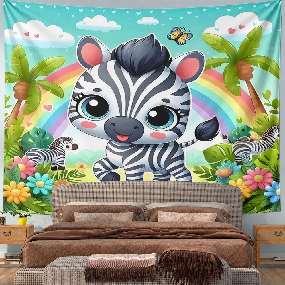 Cute Zebra with Rainbow and Flowers Pattern Wall Hanging Tapestry Decorative Tapestry Home Decor for Bedroom and Living Room