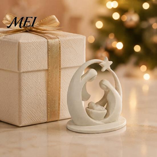 Religious Commemorative Gift 3D Printed Holy Family Ornament, Abstract Crescent Sculpture with Fireplace Christmas Decor Star, Desktop Decoration for