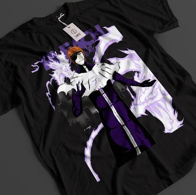 Футболка с изображением персонажей аниме Bleach, футболка с Айзеном, футболка с Банкаем Ичиго, футболка с Яхвачем и Зараки (унисекс).