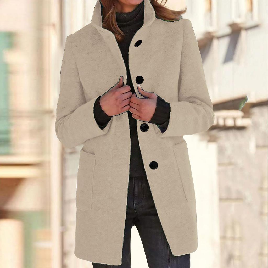 Women's Casual Coat Solid Color Long Sleeved Button Up Collar Pocket Woolen Jacket