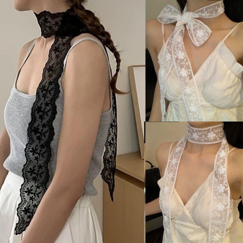 White Flower Lace Decorative Thin Scarf 150cm Skinny Scarf Women Y2K Long Narrow Lace Hollow Scarf Vintage Lace Trim Headband