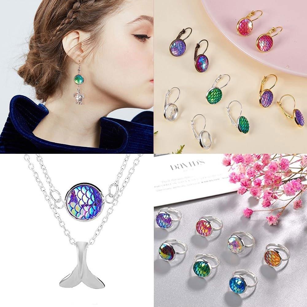 10/20/30pcs12mm Flat Back Mermaid Fish Scale Resin Cabochons Round Iridescent Sparkly Glitter Cabs for DIY Earring Bracelet Necklace Jewelry Making