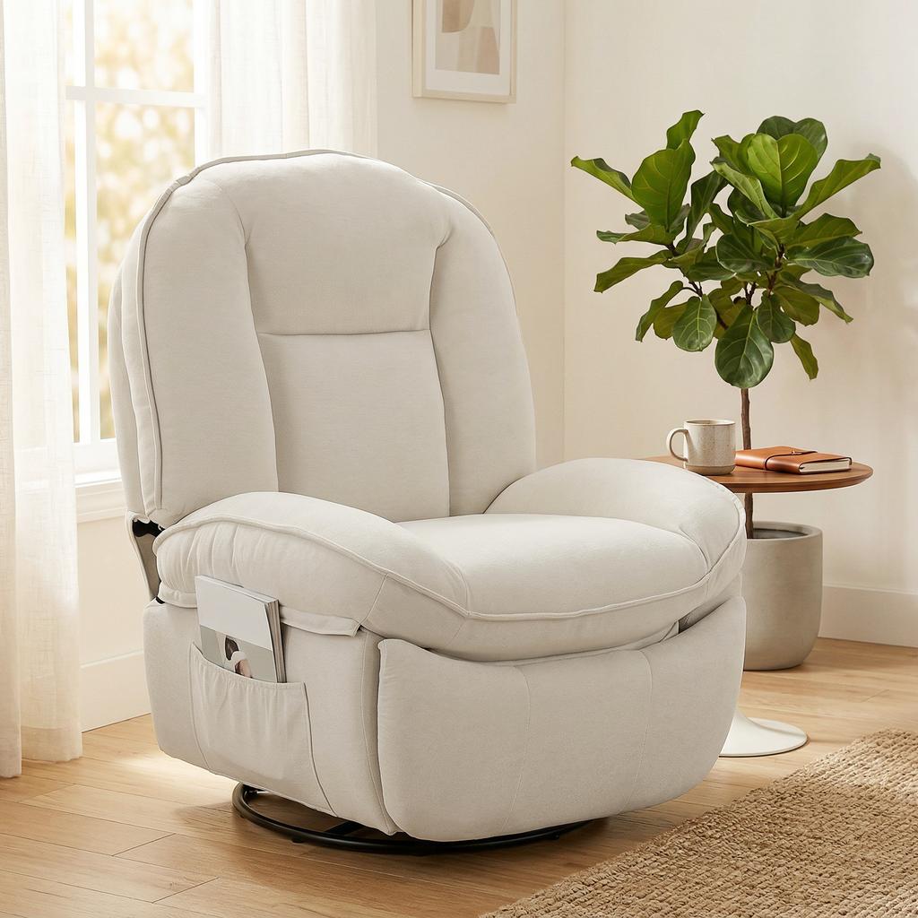 Recliner, Swiveling Rocking and Reclining Chair with Deep Seat, Thick Back Padding, Easy Assembly, Cream