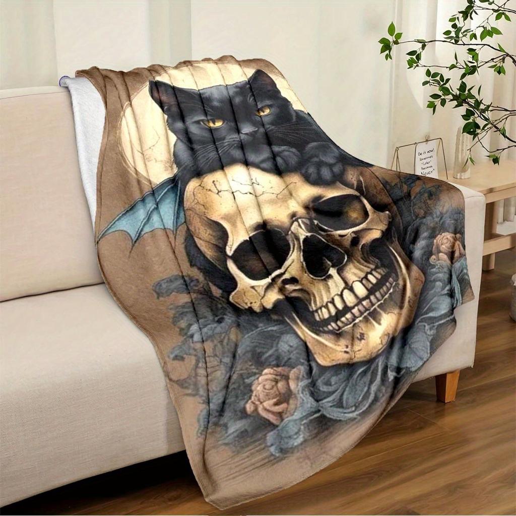 1 Piece Blanket Skeleton And Cat Car Interior Blanket Suitable For All Seasons Cozy Warm Soft Blanket Suitable For Sofa Bed Travel Camping Living Room