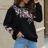 Женская толстовка в этническом стиле с цветочной вышивкой, круглым вырезом и длинными рукавами, контрастного цвета, весна-осень, с эластичными манжетами и подолом