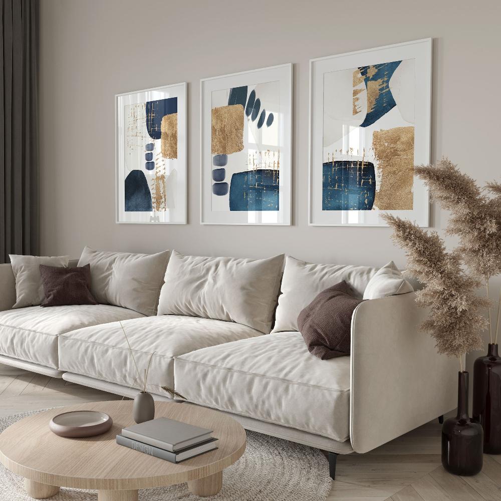 Navy Blue Gold Wall Art Prints Modern Geometric Abstract Printable Wall Art Blue Living Room Decor Minimalist Hallway Poster