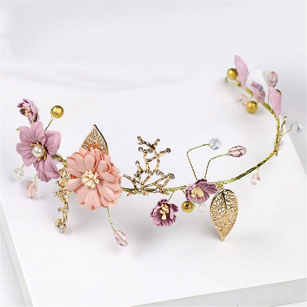 Beautiful Wedding Hair Jewelry Headdress Purple Flower Tiara Pearl Hair Band Bride Headwear